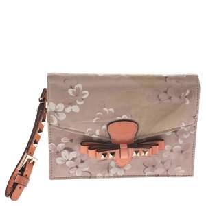 Pre Owned Valentino Multicolor Floral Print Fabric Studded Bow Wristlet Clutch