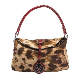 Pre Owned Valentino Brown/Red Printed Calfhair and Lizard V Ring Hobo