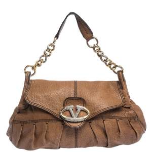 Pre Owned Valentino Brown Leather Crystal-Embellished Catch Shoulder Bag