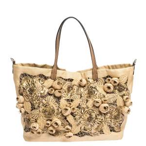 Pre Owned Valentino Beige Canvas, Sequin and Beaded Floral Applique Tote