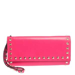 Pre Owned Valentino Neon Pink Leather Rockstud Wristlet Flap Clutch