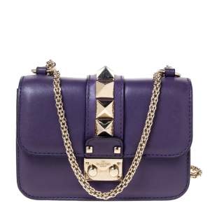 Pre Owned Valentino Purple Leather Mini Rockstud Glam Lock Flap Bag