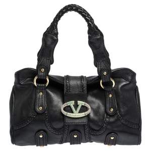 Pre Owned Valentino Black Leather Crystal Embellished Catch Satchel
