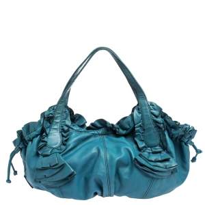Pre Owned Valentino Blue Leather Ruffle Idylle Hobo