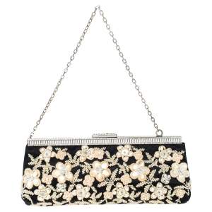 Valentino Black Satin Embellished Chain Clutch