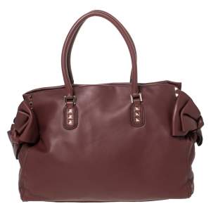Pre Owned Valentino Burgundy Studded Soft Leather Bow Tote