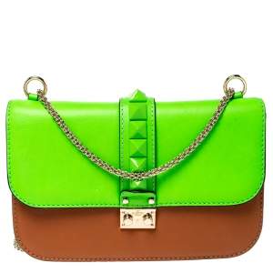 Pre Owned Valentino Green/Tan Leather Rockstud Medium Glam Lock Flap Bag
