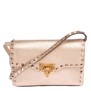 Pre Owned Valentino Metallic Rose Gold Leather Small Rockstud Shoulder Bag