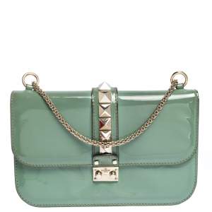 Pre Owned Valentino Green Patent Leather Rockstud Medium Glam Lock Flap Bag