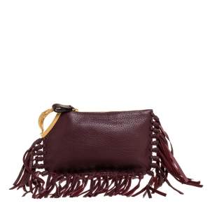 Pre Owned Valentino Burgundy Leather C Rockee Gryphon Fringe Clutch