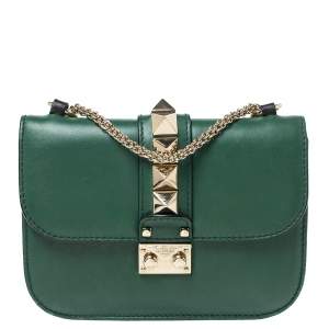 Pre Owned Valentino Green/Black Leather Small Rockstud Glam Lock Flap Bag