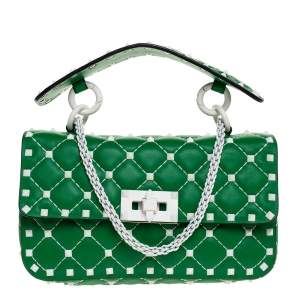 Pre Owned Valentino Green Quilted Leather Small Rockstud Spike Chain Shoulder Bag