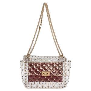 Pre Owned Valentino Clear/Red PVC Medium Rockstud Spike Chain Shoulder Bag