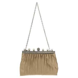 Valentino Beige Satin Crystal and Pearl Embellished Frame Chain Clutch