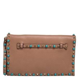 Valentino Beige Grained Leather Rolling Rockstud Wristlet Clutch