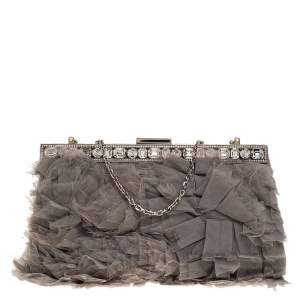 Pre Owned Valentino Grey Satin and Mesh Crystal Embellished Chain Clutch