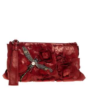 Valentino Red Leather Crystal Embellished Dragonfly Wristlet Clutch