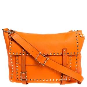 Valentino Neon Orange Leather Rockstud Messenger Bag