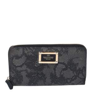 Valentino Black Lace Print Leather Zip Around Continental Wallet