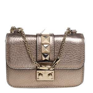 Pre Owned Valentino Metallic Gold Leather Mini Glam Lock Shoulder Bag