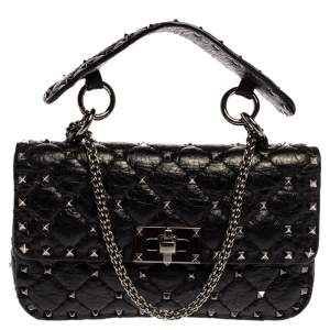 Pre Owned Valentino Black Quilted Soft Crackle Leather Small Rockstud Spike Shoulder Bag