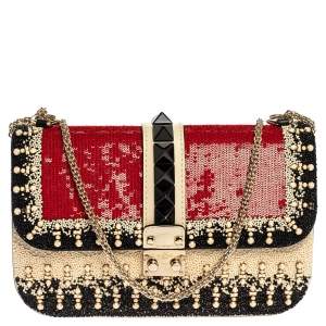 Pre Owned Valentino Multicolor Beads/Sequins Embellished Leather Medium Glam Lock Flap Bag