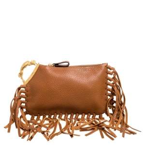 Pre Owned حقيبة كلتش فالنتينو سي روكي جلد بني بشراشيب