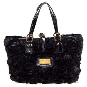 Valentino Black Floral Applique Satin and Patent Leather Shopper Tote
