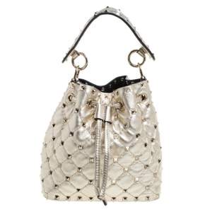 Pre Owned Valentino Metallic Gold Leather Small Rockstud Bucket Bag