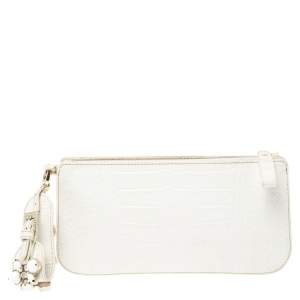 Valentino White Croc Embossed Leather Crystal Embellished Wristlet Clutch