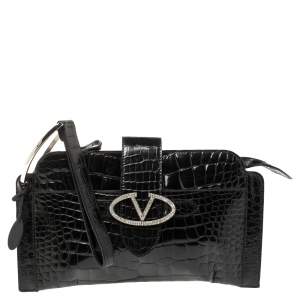Pre Owned Valentino Black Croc Embossed Patent Leather Crystal Embellished Wristlet Clutch