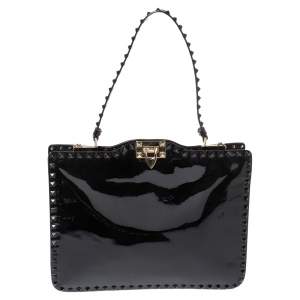 Pre Owned Valentino Black Patent Leather Rockstud Top Handle Bag