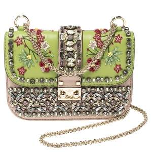 Pre Owned Valentino Green/Beige Leather Small Crystal, Beaded Embellished Rockstud Glam Lock Flap Bag