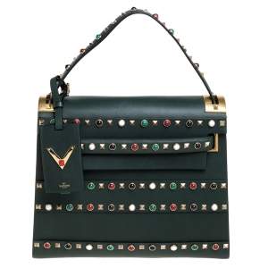 Pre Owned Valentino Green Studded Leather My Rockstud Top Handle Bag