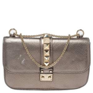 Pre Owned Valentino Metallic Grained Leather Medium Glam Lock Flap Bag