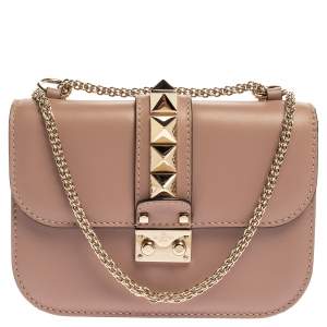 Pre Owned Valentino Neutral Beige Leather Small Rockstud Glam Lock Flap Bag