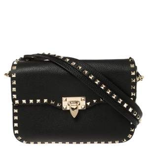 Pre Owned Valentino Black Leather Rockstud Flap Shoulder Bag