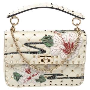 Pre Owned Valentino Off White Quilted Leather Medium Hibiscus Embroidery Rockstud Spike Shoulder Bag