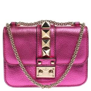 Pre Owned Valentino Metallic Pink Leather Mini Rockstud Lock Flap Crossbody Bag