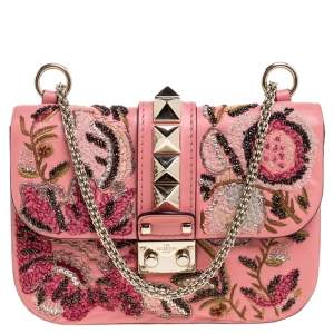 Pre Owned Valentino Pink Embroidered Embellished Leather Small Rockstud Glam Lock Flap Bag