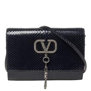 Pre Owned Valentino Blue Python VCASE With Swarovski Crystals Logo Shoulder Bag