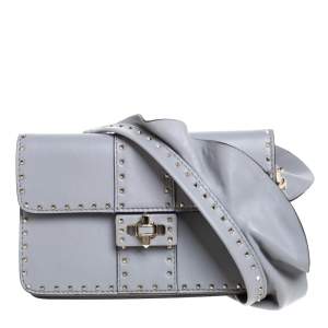 Pre Owned Valentino Grey Leather Mini Rockstud Ruffle Strap Bag