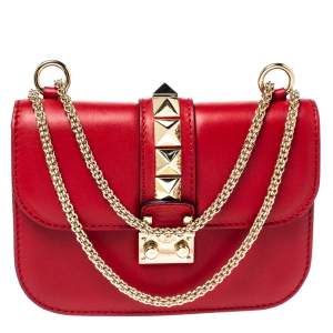 Pre Owned Valentino Red Leather Small Rockstud Glam Lock Flap Bag