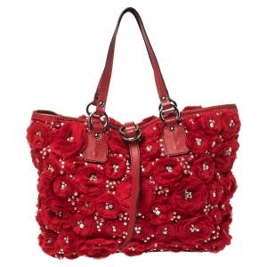 Pre Owned Valentino Red Satin and Leather Crystal Embellished Rosier Tote
