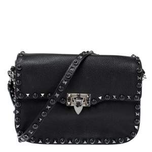 Pre Owned Valentino Black Leather Guitar Rockstud Rolling Crossbody Bag