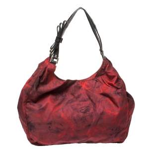 Valentino Red/Black Rose Printed Nylon Bow Handles Shoulder Bag