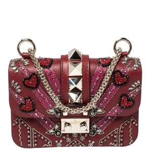 Pre Owned Valentino Maroon Beads Embellished Leather Mini Love Blade Rockstud Glam Lock Shoulder Bag