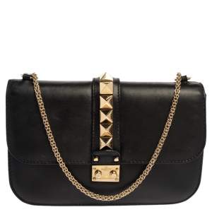 Pre Owned Valentino Black Leather Medium Rockstud Glam Lock Flap Bag