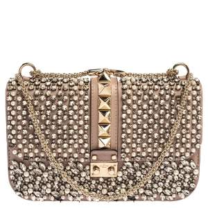 Pre Owned Valentino Old Rose Crystal/Beads Embellished Leather Medium Glam Lock Flap Bag