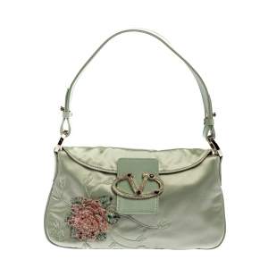 Pre Owned Valentino Mint Green Satin and Leather VRing Crystal Embellished Hobo